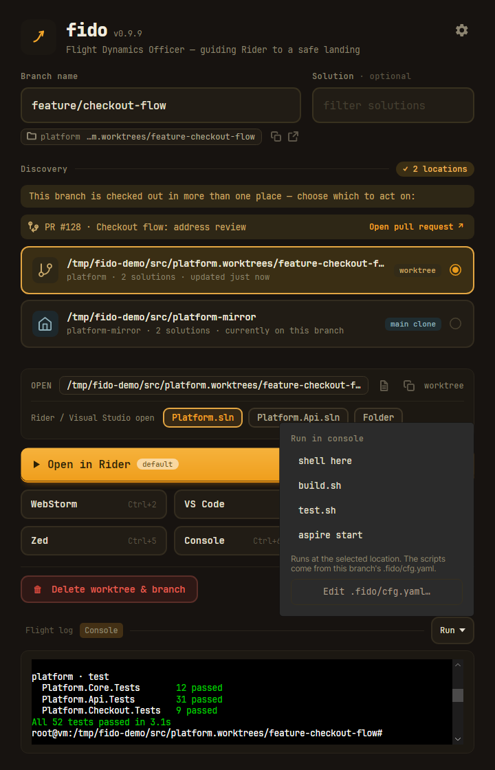 The Console tab's Run menu