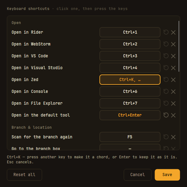 The Keyboard shortcuts dialog, recording a chord