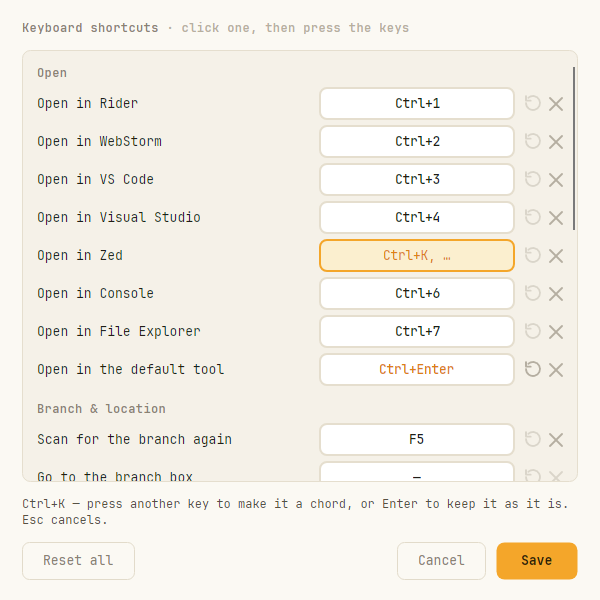 The Keyboard shortcuts dialog, recording a chord