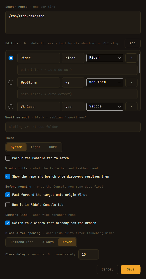 Fido settings dialog