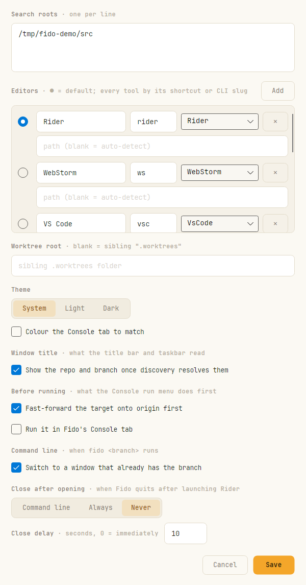 Fido settings dialog